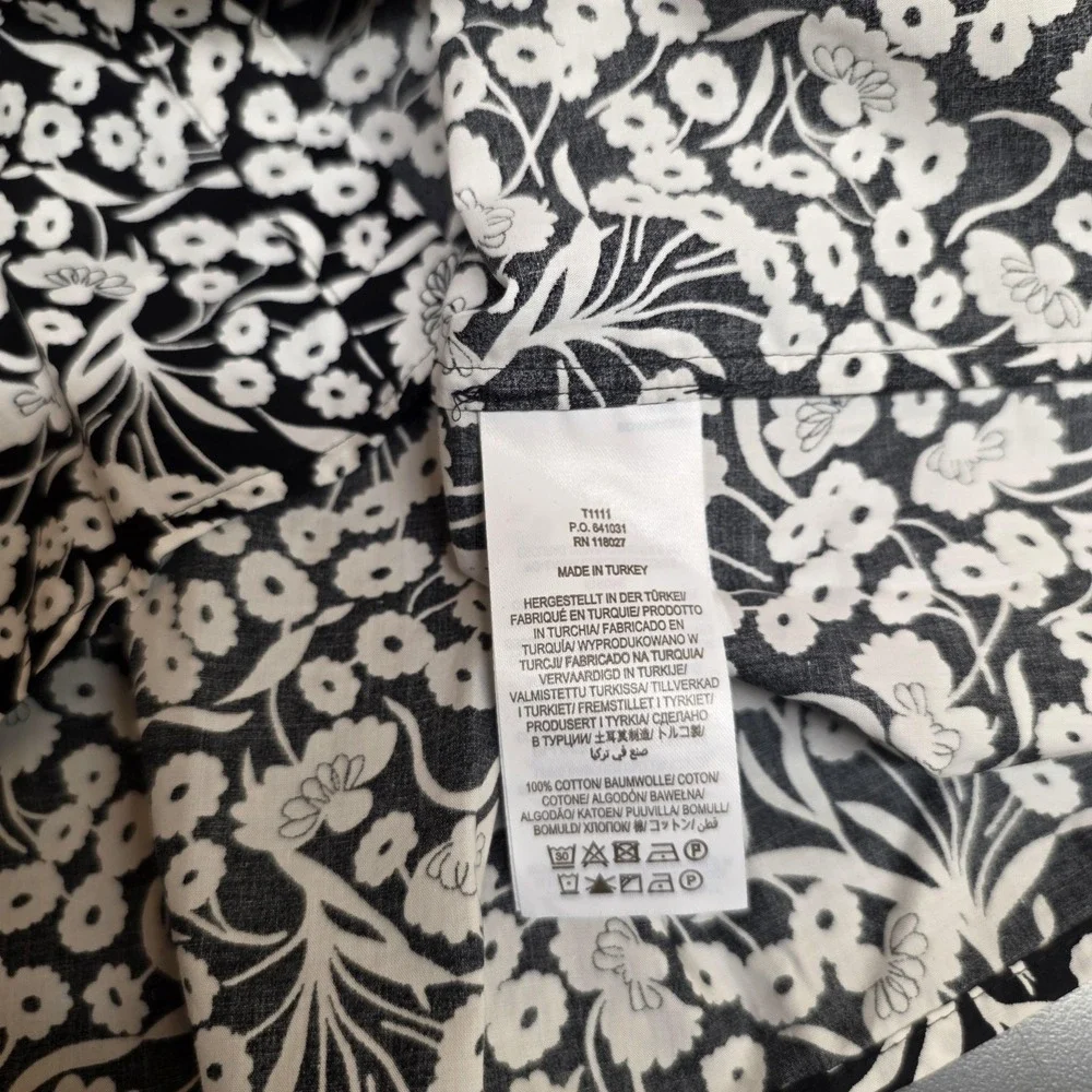 Boden Blouse Women 14 Black White Floral High Neck Puff Sleeve Cotton Spring